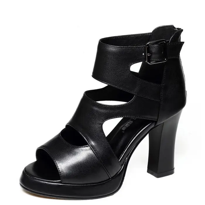 Sandali con tacco alto neri con punta aperta Stivali alla moda con tacco spesso stile romano cavo da donna Nuova estate di moda 35