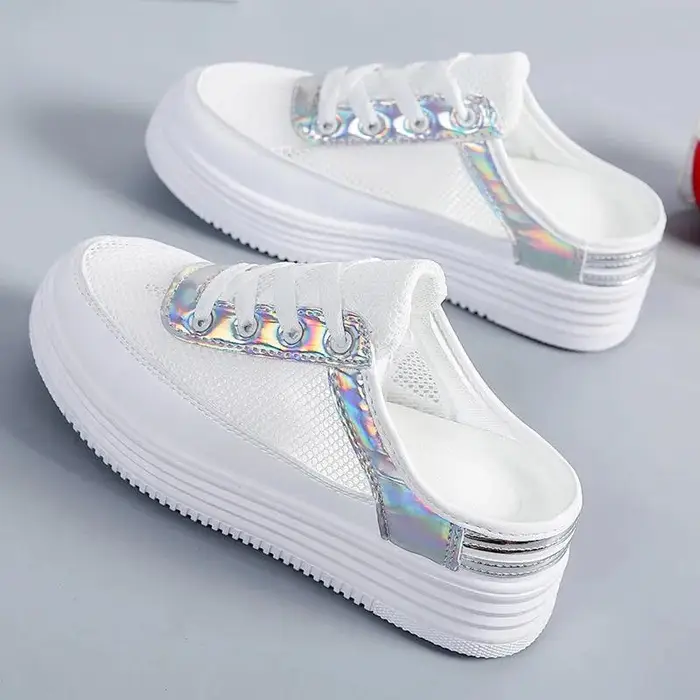 Scarpe da Donna Nuove Baotou Senza Tacco Mezze Pantofole Paillettes Scarpe Bianche Piccole Donna Estate Versione Coreana Scarpe Pigre Traspiranti in Rete 35 argento