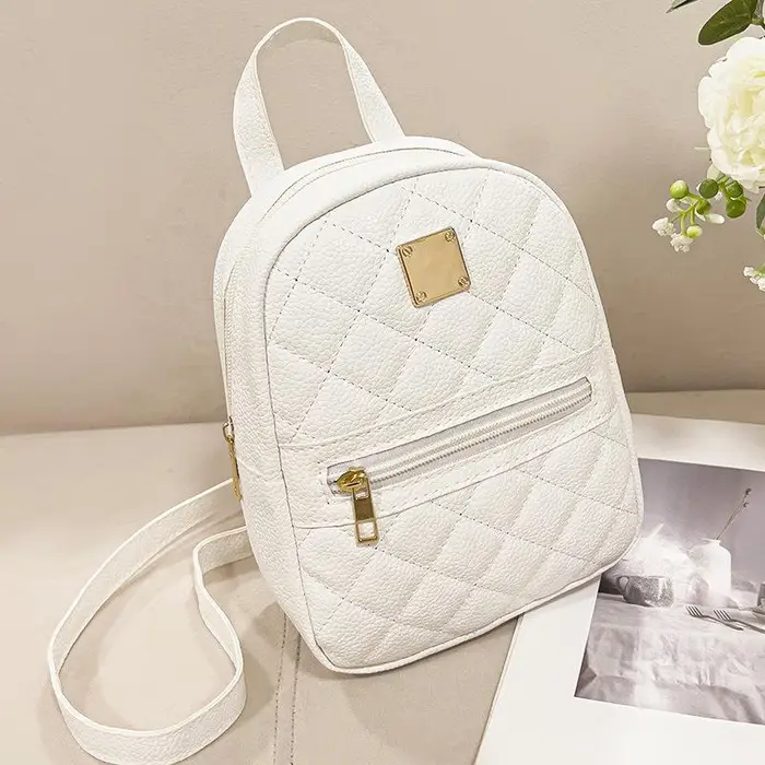 Zainetto Piccolo Ricamato a Rombo, Nuovo Piccolo Zaini da Scuola, Zaino da Donna bianco