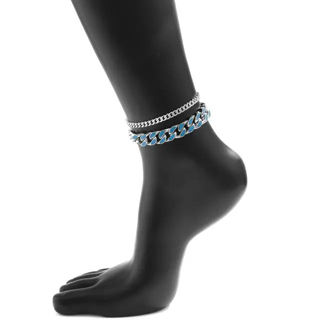 2 pezzi /Set Cavigliera Bracciale Maglia Cubana Per Donna Uomo Hip Hop Punk Blu Gocciolante Olio Gioielli per Piedi Sandalo a Piedi Nudi 22cm