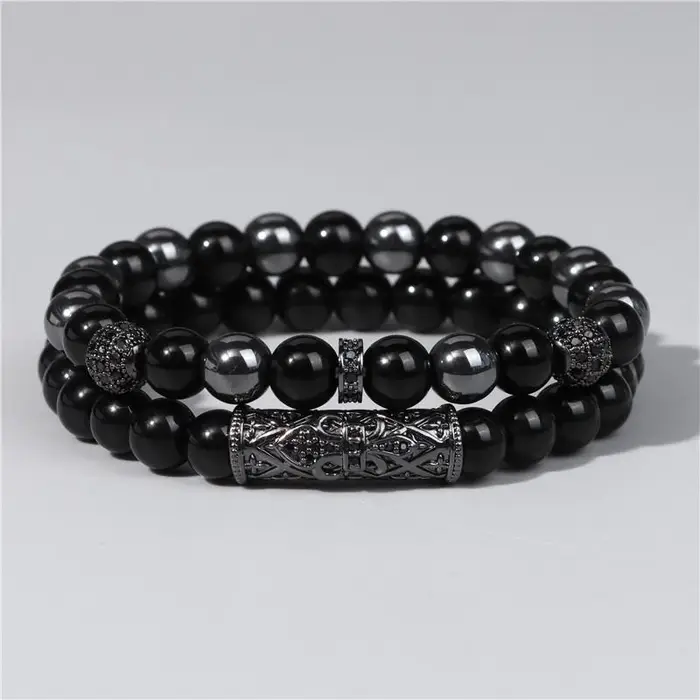 Braccialetto di perline Golbaljew da uomo, 2 pezzi, in occhio di tigre naturale, ematite, ossidiana, braccialetti di perline, braccialetto energetico elastico, gioielli da uomo 17