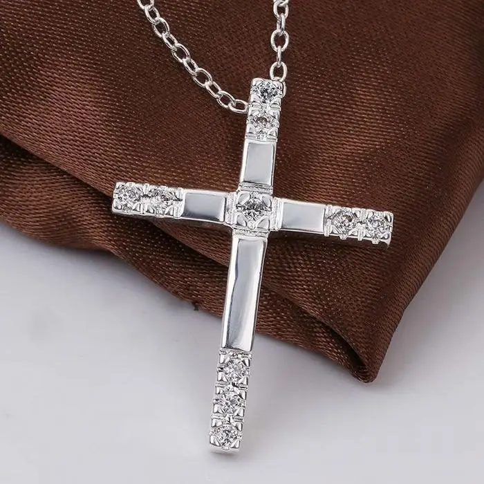 Collana con ciondolo a croce in cristallo classico in argento 925 timbrato per donna, regalo di nozze, gioielli nobili per le feste