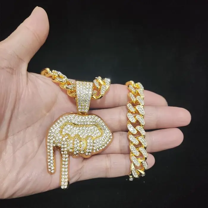 Collana con ciondolo a forma di bocca Hip Hop da uomo e donna con catena cubana da 13 mm, collane con ciondolo alla moda Hiphop ghiacciato 24inch(60cm) bianco