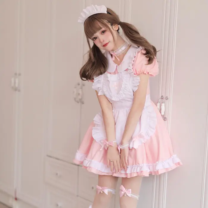 Abito Lolita Carino Rosa Volant Costume da Cameriera Ragazza Giapponese Cosplay Costumi Sexy Grembiule Quotidiano Uniforme Set Gonna Abito Kawaii 5XL rosa