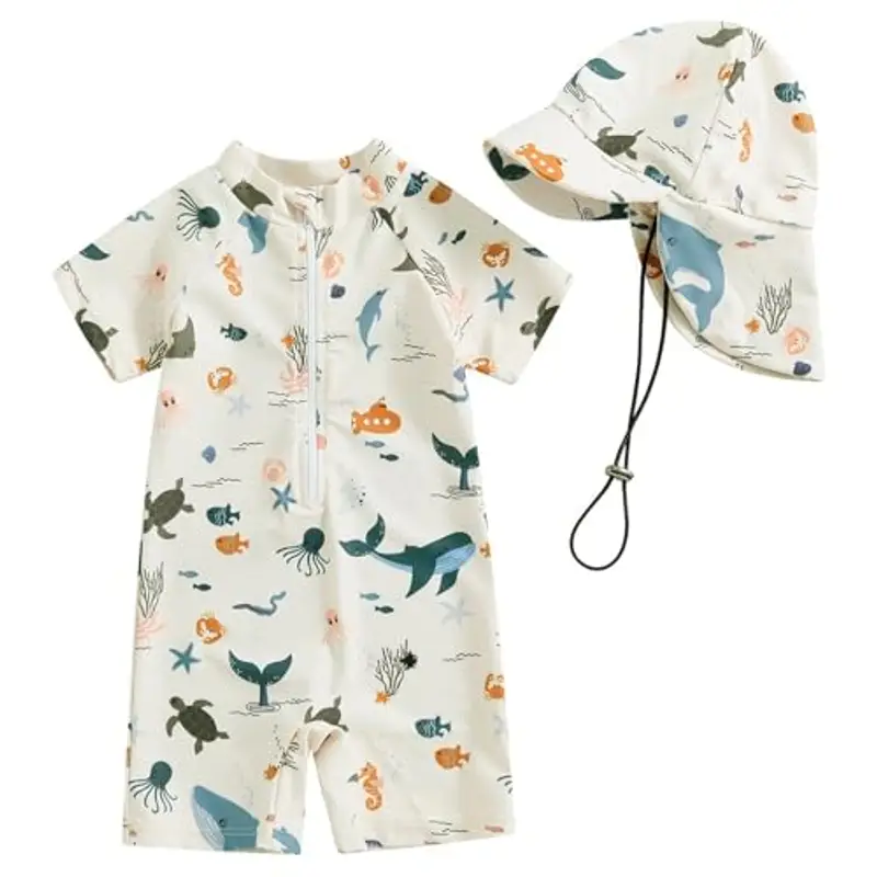 WYTbaby Costume da bagno per neonati, a maniche corte, con cappello da sole, beige., 3-6 Mesi