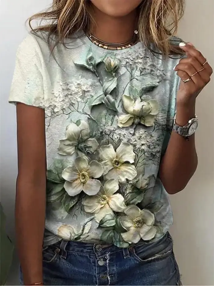 Estate Nuova moda 3D Stampa floreale Donna O-Collo T-shirt Manica corta Casual Street Tee Vestiti larghi Abbigliamento femminile 5XL