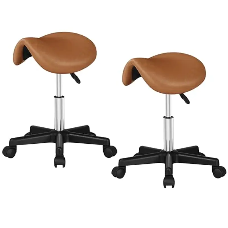 Yaheetech Sgabello a Sella con Ruote Regolabile in Altezza Sedia Estetista Trucco Girevole Ergonomico Salone Parrucchiere Studio Marrone