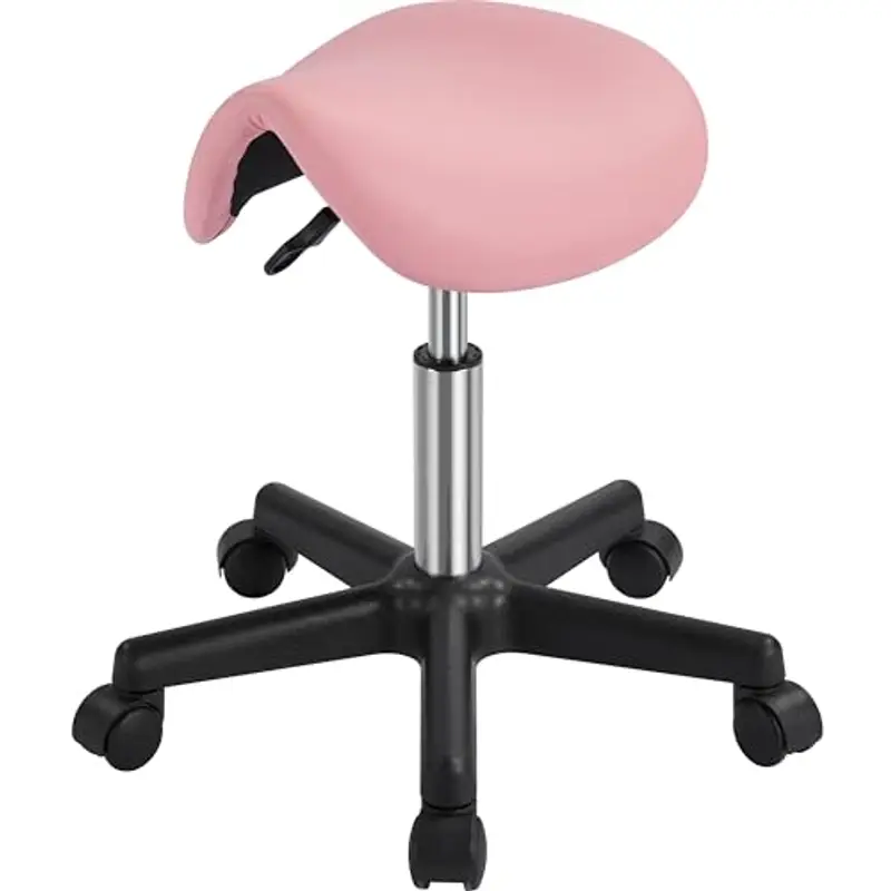 Yaheetech Sgabello a Sella con Ruote Regolabile in Altezza Sedia Estetista Trucco Girevole Ergonomico Salone Parrucchiere Studio Rosa