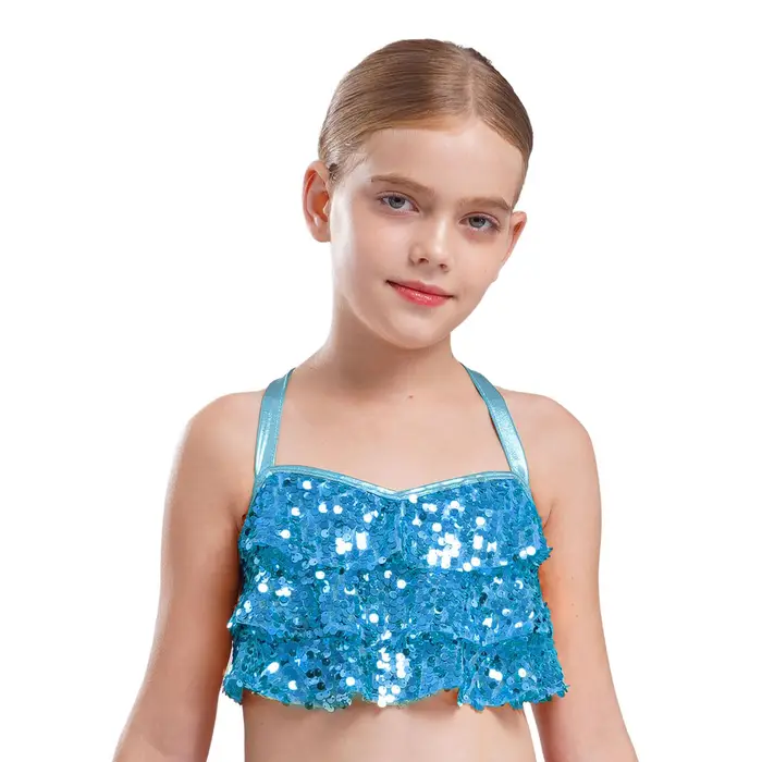 Yeahdor Top Corto da Ballo Metallizzato da Ragazza Paillettes Scintillanti Volant a Strati & Schiena Incrociata Costume da Jazz 7-8 Years