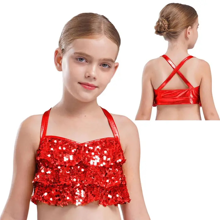 Yeahdor Top Corto da Ballo Metallizzato da Ragazza Paillettes Scintillanti Volant a Strati & Schiena Incrociata Costume da Jazz 7-8 Years