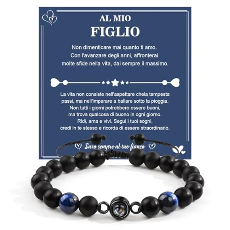 YELUWA Bracciale Mamma E Figlio, Regalo Da Mamma Papà, Ti Amo in 100 Lingue - Regalo Compleanno Blu