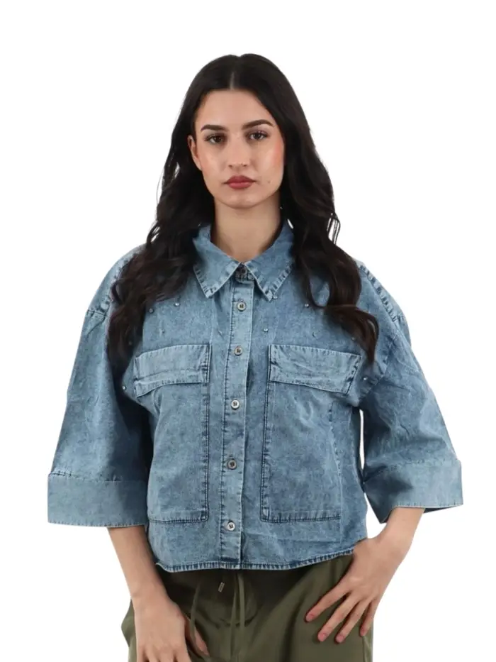 Yes Zee giacca camicia donna in denim con strass