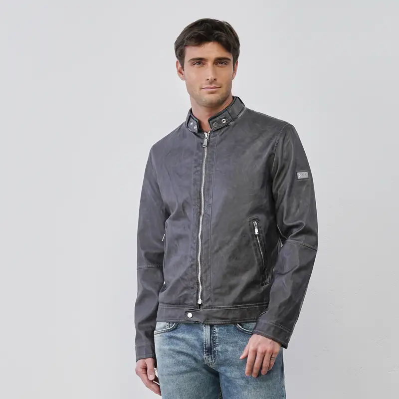 YES ZEE Giacca grigia da uomo in ecopelle con tasche e zip