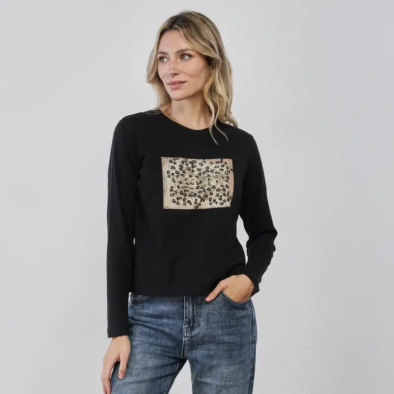 YES ZEE Maglia nera da donna con stampa e maniche lunghe