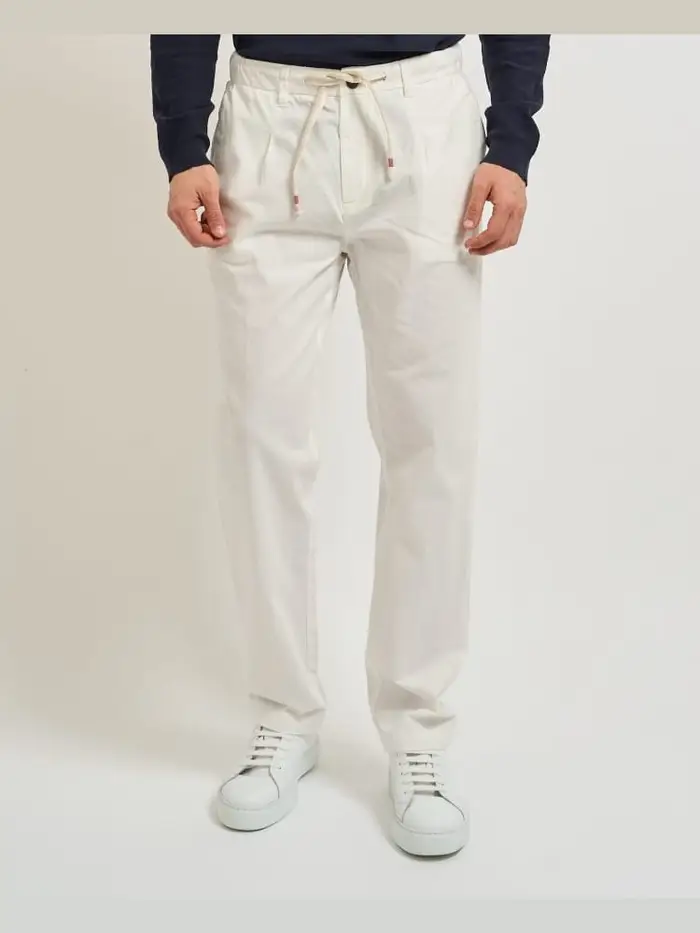 Yes Zee pantaloni uomo in misto lino bianco con coulisse in vita
