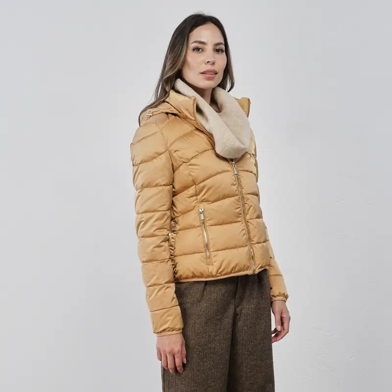 YES ZEE Piumino corto beige da donna con tasche e cappuccio