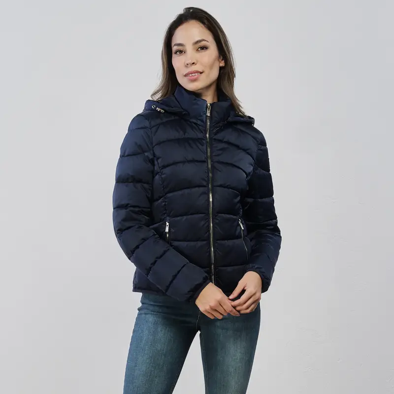 YES ZEE Piumino corto blu da donna con tasche e cappuccio