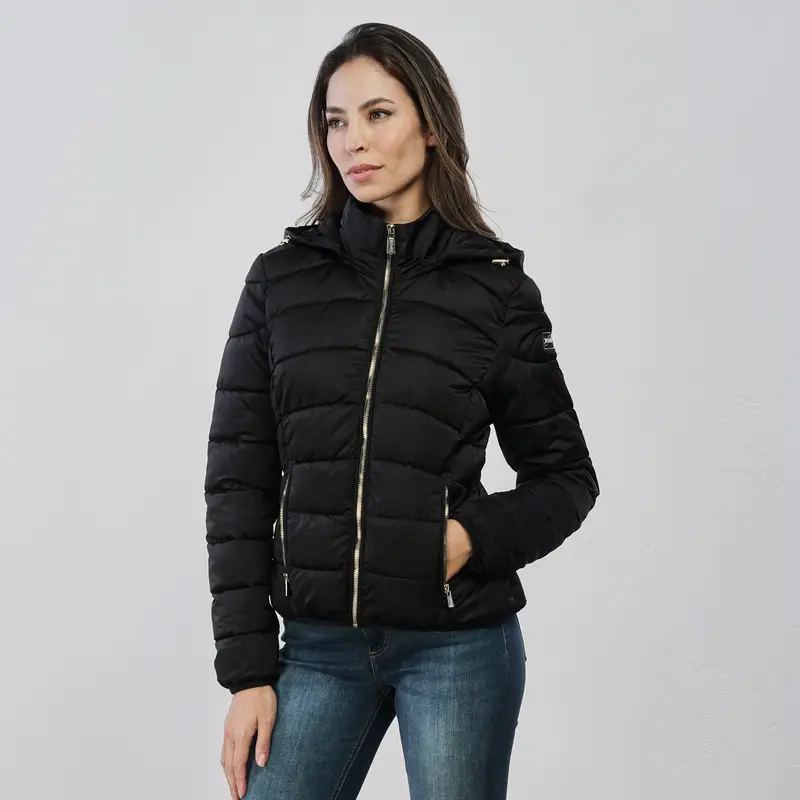 YES ZEE Piumino corto nero da donna con tasche e cappuccio