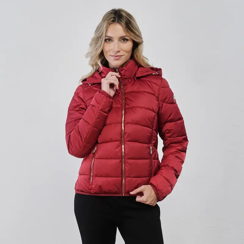 YES ZEE Piumino corto rosso da donna con tasche e cappuccio