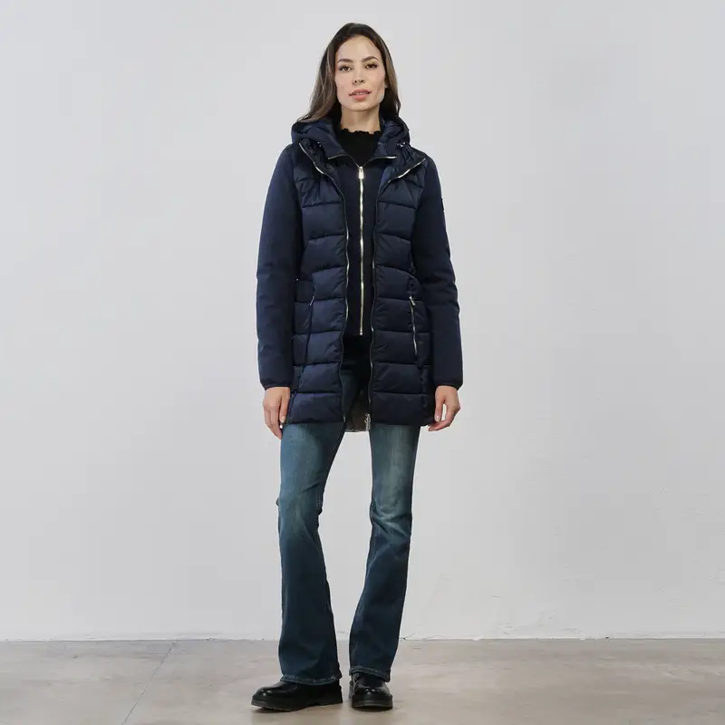 YES ZEE Piumino midi blu da donna con inserto interno e doppia zip