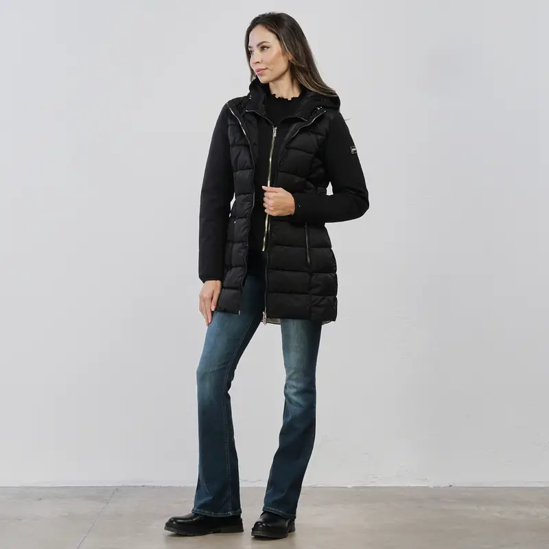 YES ZEE Piumino midi nero da donna con inserto interno e doppia zip