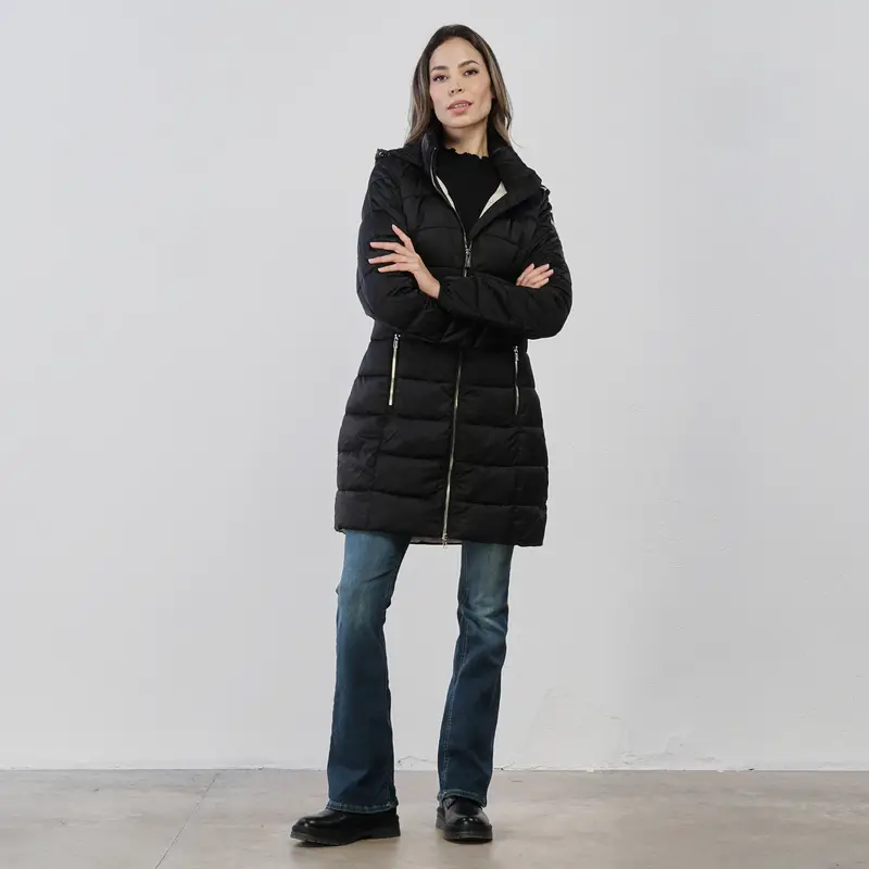 YES ZEE Piumino midi nero da donna con tasche e cappuccio