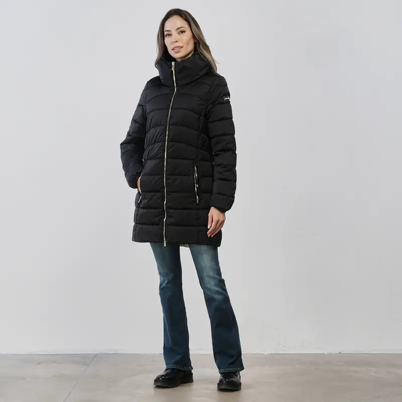 YES ZEE Piumino midi nero da donna con tasche e collo alto