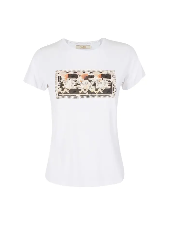 Yes Zee t-shirt donna in cotone bianco con stampa e logo in strass