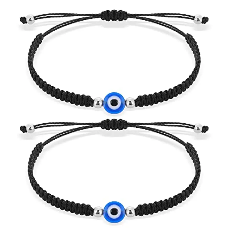 Yolev 2 Pezzi Bracciale Evil Eye Cinturino Regolabile Intrecciato a Mano Bracciale di Protezione Kabbalah Nero per Uomo Donna