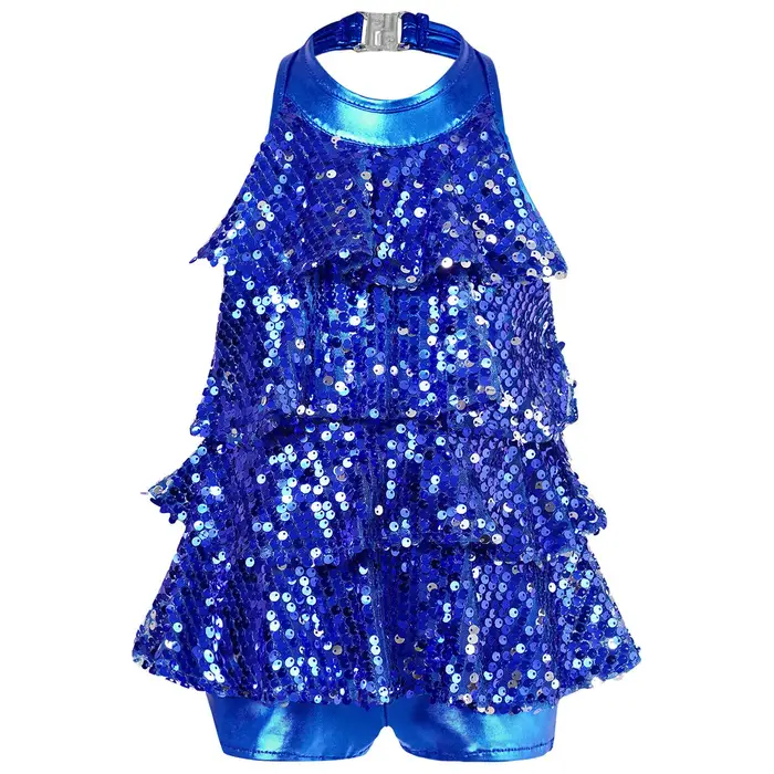 Unitard da ragazza con paillettes e collo all americana, costume da ballo lucido per esibizioni jazz, latine e moderne 11-12 Years colore blu royal