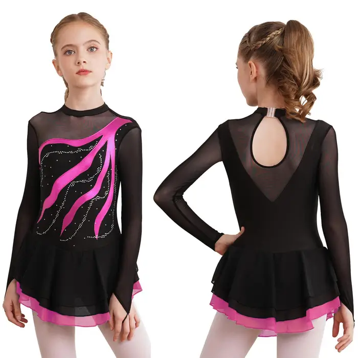 Vestito da balletto per pattinaggio artistico per bambine e ragazze, body decorato con strass per spettacoli atletici e danza 11-12 Years