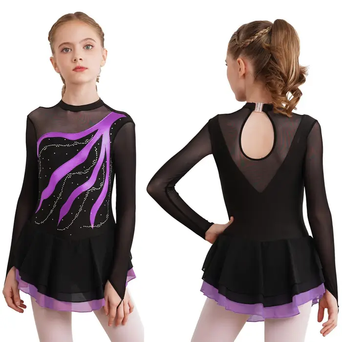 Vestito da balletto per pattinaggio artistico per bambine e ragazze, body decorato con strass per spettacoli atletici e danza 11-12 Years violetto