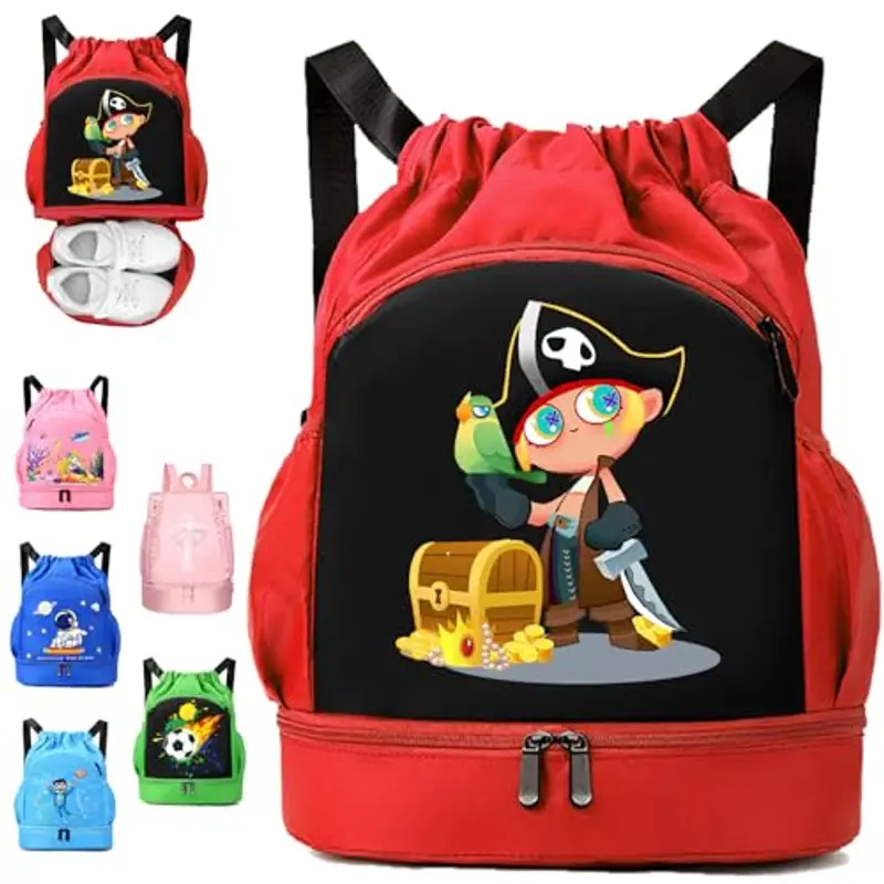 YOUYIKE Zaino da Palestra Bambini, Zaino da Nuoto Rosso, Pirati Sacca Sportiva Palestr, Spesa da Spiaggia Impermeabile