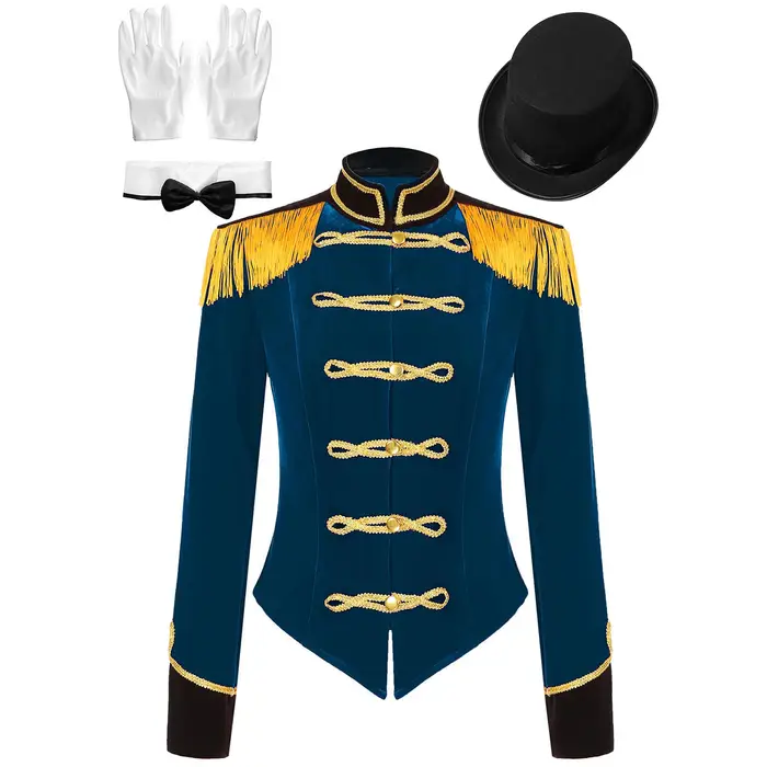 Costume da Domatrice da Circo da Donna Giacca con Frange Cappello Guanti Set per Esibizioni di Halloween XXL colore blu scuro