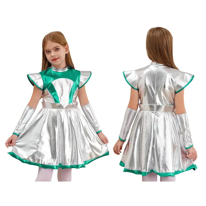 Costume da astronauta robot alieno per bambine, costume da spazio, costume carino per Halloween, carnevale, cosplay, festa, travestimento, vestito da bambina 15-16 Years verde
