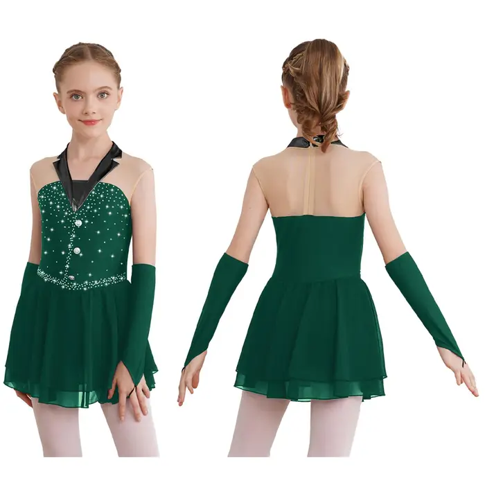 Yunduantong-home Abito da ballo per ragazza per adolescenti Tango Rumba Samba Chiffon Tulle Splice Dancewear Fancy Skating Suit
