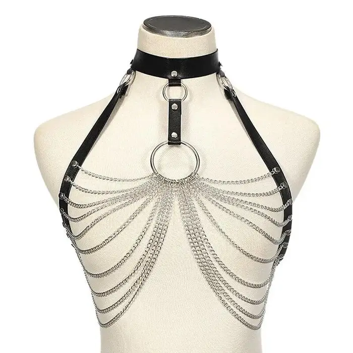 Goth Leather Body Harness Chain Bra Top Petto Cintura Vita Strega Gotico Punk Moda Metal Ragazza Festival Gioielli Accessori