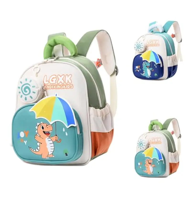 Generic Zaino per la scuola con simpatico dinosauro, zaino in nylon per elementare elementare, zaino per bambini con tasche multiple, Verde
