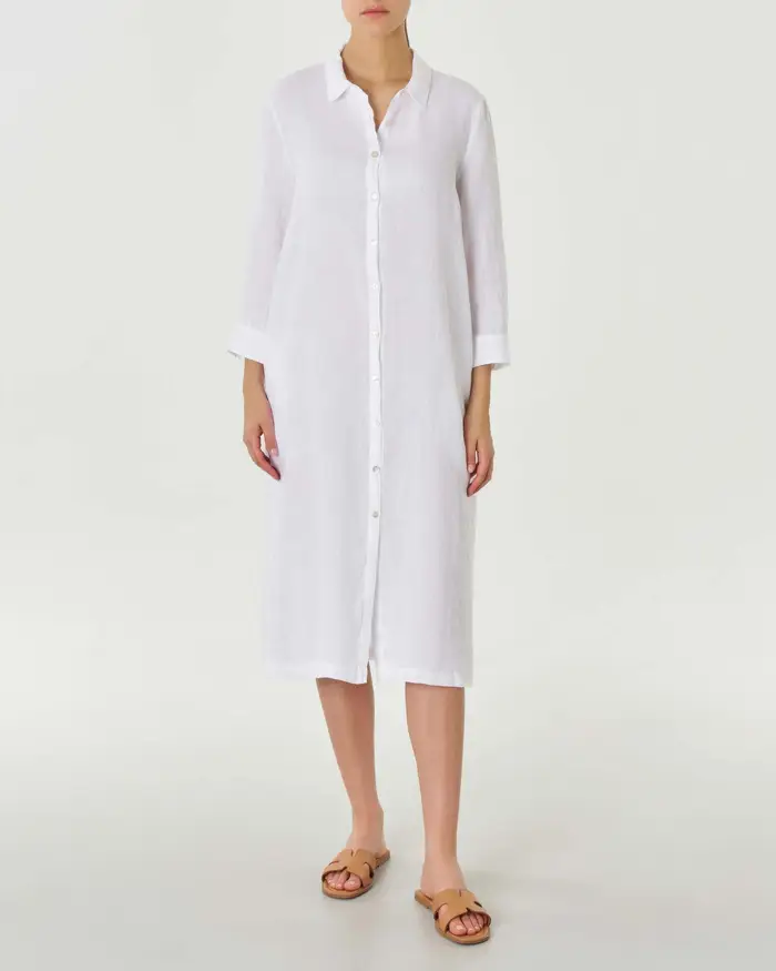 Abito chemisier midi in lino bianco con maniche tre quarti