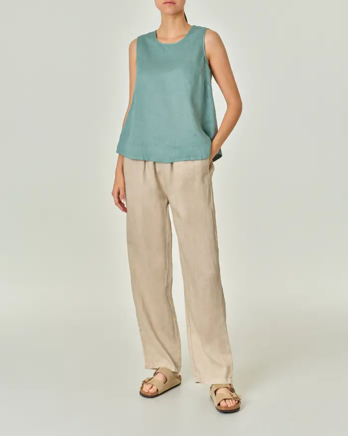 Pantaloni palazzo beige in lino con fascia in vita con elastico inserito