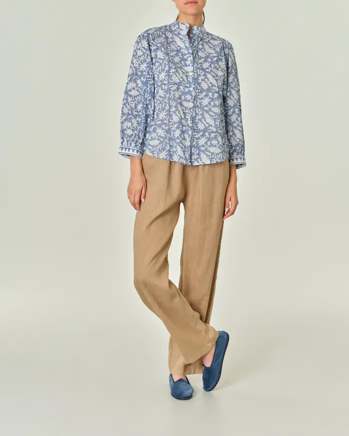 Pantaloni palazzo color tabacco in lino con fascia in vita con elastico inserito