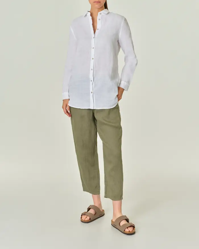 Pantaloni verde militare in lino a gamba dritta dal taglio cropped con coulisse interna