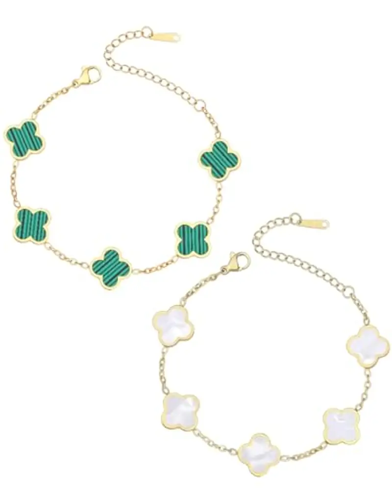 ZEXIJOW 2 Pezzi Bracciale Portafortuna Donna Quadrifoglio Donna Gioielli Placcati in Oro 18 Carati, Bracciale Quadrifoglio, Regali di