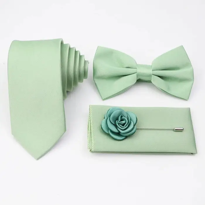 ZLQ&GOU Set di cravatte da uomo 5 pezzi, verde salvia, papillon in poliestere, spilla con gemelli, per abito da sposo, festa di nozze