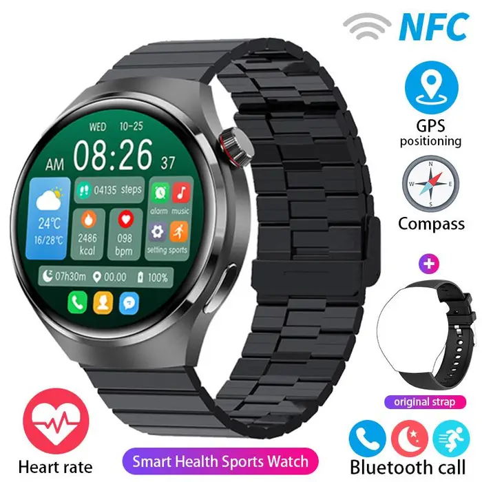 Per Android Watch 4 Pro NFC Smart Watch Uomo GPS Tracker AMOLED 360*360 HD Screen BT Chiamata Impermeabile SmartWatch 2024 bamboo steel